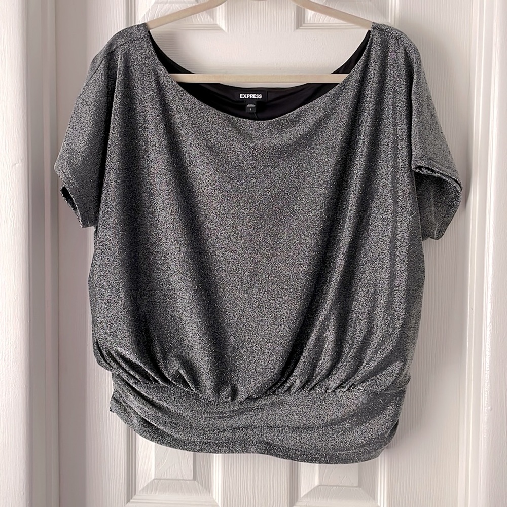Express black silver metallic wide neck banded bottom dressy top NEW large